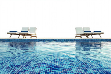 Blue Swimming Pool with Lounge Chairs Isolated on White Background. Tranquility by the Hotel Pool