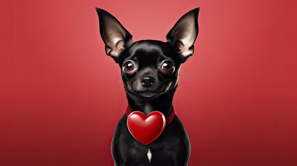 a dog holding a red heart in its mouth, conveying the essence of love and companionship on Valentine's Day.