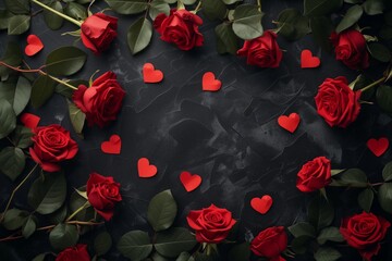 Romantic Red Roses and Hearts on Dark Background