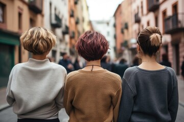 Back view close-up photo of women flaunting diverse short hairstyles on the street, their confident postures adding a touch of urban chic - obrazy, fototapety, plakaty