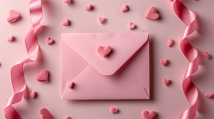 Pink envelop with pink ribbons and pink hearts on a light background