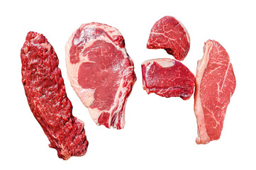 Variety of raw black angus beef meat steaks fillet Mignon, ribeye, Striploin and skirt or machete....
