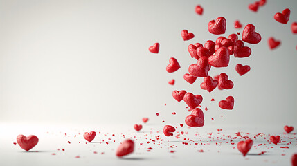 Bunch of red hearts flying and bouncing around in a white background