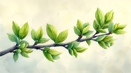 A drawing depicting the moment when fresh leaves from their green buds are revealed on the tre - obrazy, fototapety, plakaty