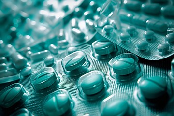 Various Blue Medication Pills in Blister Packs - obrazy, fototapety, plakaty