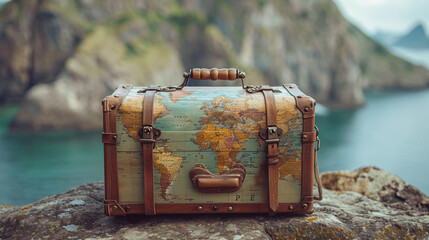 Vintage travelling bag with map design on to of a rock mountain with a lake below