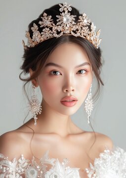 Beautiful girl in the image of the Asian bride with expensive jewelry, oriental make-up and bridal tiara, earrings and necklace. The beauty of the face. Photos shot in the studio. 