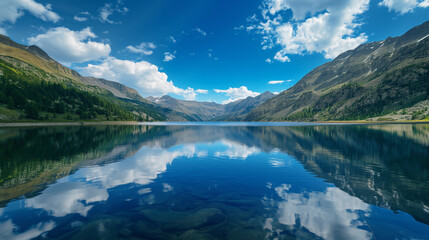 A photograph of a tranquil lake nestled between mountains, its mirror-like surface reflecting the blue sky and white clouds - Powered by Adobe