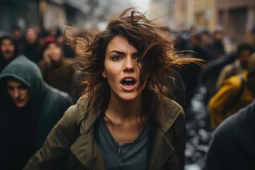 Foto op Plexiglas Milaan Street protest: Woman screaming amidst a crowd - activism concept