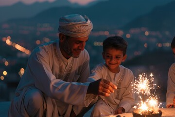 Obraz premium Family bonding: A heartwarming moment unfolds as a man and his sons celebrate with sparklers, dressed in white thobes.