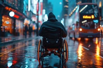 A solitary figure in a wheelchair on a rain-soaked city street at night.