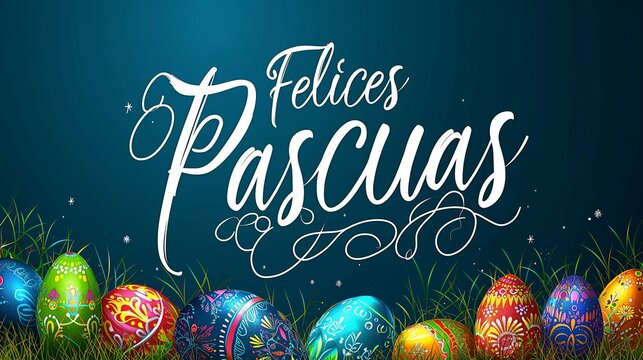  Happy Easter! Banner with easter eggs flowers and calligraphy text "Felices Pascuas". Dark background, vivid colors, modern style. Website banner or greeting card