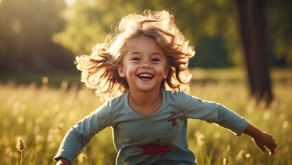Laughing child running through a meadow on a sunny day, sunlight filtering through hair, pure joy on face, 4k. generative AI - obrazy, fototapety, plakaty