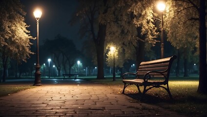 Fototapeta na wymiar Lonely street lamp illuminating an empty bench in a deserted park at night, 4k, melancholic mood. generative AI