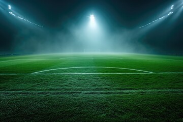 Eerie football pitch enveloped in fog with overhead illumination.