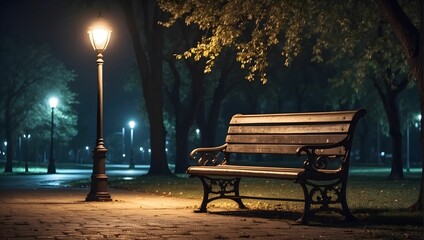 Lonely street lamp illuminating an empty bench in a deserted park at night, 4k, melancholic mood. generative AI - obrazy, fototapety, plakaty