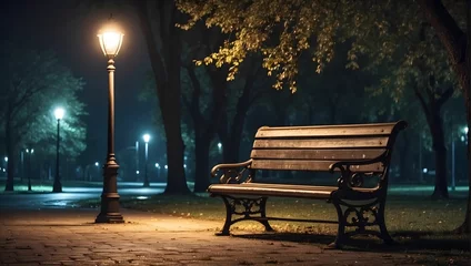 Fototapeten Lonely street lamp illuminating an empty bench in a deserted park at night, 4k, melancholic mood. generative AI © Zohaib