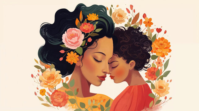 Mothers Day Illustration with Mother, Child and Floral Elements.