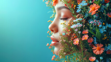 Graphics depicting the nose, inhaling the aroma of flowers, herbs and other spring sme - obrazy, fototapety, plakaty
