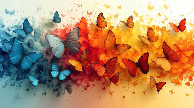Graphic representation with bright butterflies and living insects soaring around a variety of color
