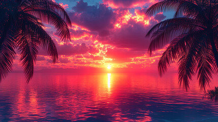 Image of palm trees against the background of sea sunset in shades of beautiful col - obrazy, fototapety, plakaty