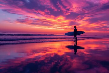 Sunset surfer: A lone surfer with a colorful board, framed against a mesmerizing sunset backdrop.