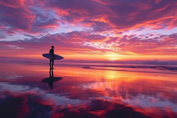 Beachside serenity: A serene moment at the beach as a surfer takes in the sunset and the anticipation of the waves.