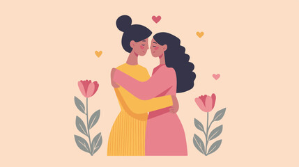 illustration of two lovely couple hugging with flowers around, female couple