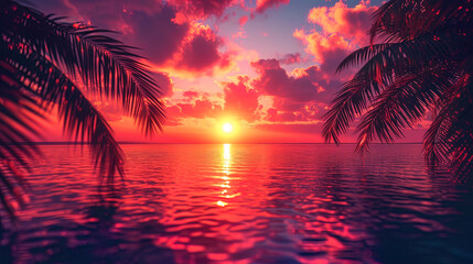 Image of palm trees surrounded by shades of beautiful sunset above the wa