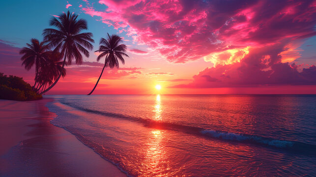 Image of palm trees against the background of sea sunset in shades of beautiful co