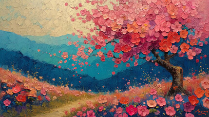 Painting with saturated colors, depicting spring flowers, blossoming on trees and bus