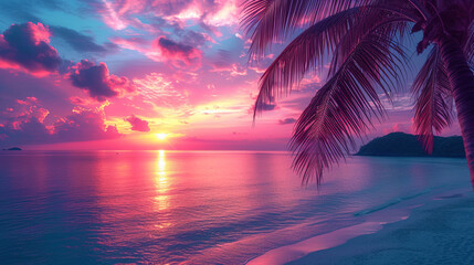 Palms by the sea against the background of sunset painted in picturesque co