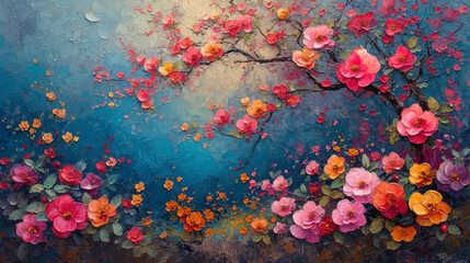 Painting with saturated colors, depicting spring flowers, blossoming on trees and bu