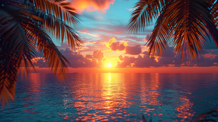 Palms by the sea against the background of sunset painted in picturesque colo - Powered by Adobe