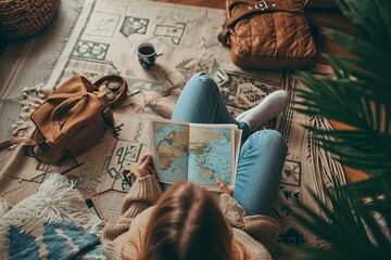 caucasian woman planning the vacation trip with a map - obrazy, fototapety, plakaty