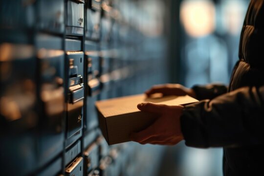 An individual by mailboxes, holding a box, possibly preparing for automated parcel terminal use in an efficient delivery system