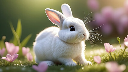Obraz premium White rabbit on the meadow with flowers. Spring nature background. Portrait of a bunny. Generative AI