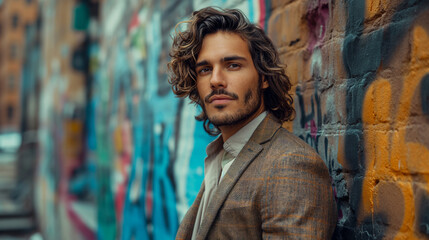 Naklejka premium Colorful Encounter: A Man Embraces the Vibrant Chaos of Graffiti on an Urban Wall