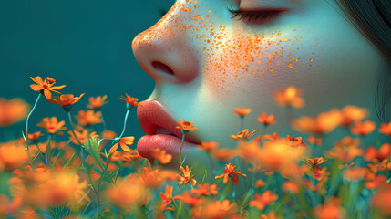 The graphic representation of the nose, inhaling smells of flowers, grass and other spring aroma - obrazy, fototapety, plakaty