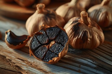 A macro image of cut black garlic bulbs, exposing their supple, burgundy interior. Controlled fermentation imparts a delightful sweet, caramel taste