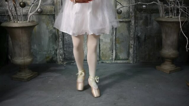 White ballet dress and toeshoe of dancing and curtsy woman near two vase.