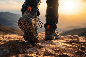 The well-worn boots of a hiker navigating a rocky mountain path, a testament to the healthy and active way of life enjoyed amidst nature's beauty - obrazy, fototapety, plakaty
