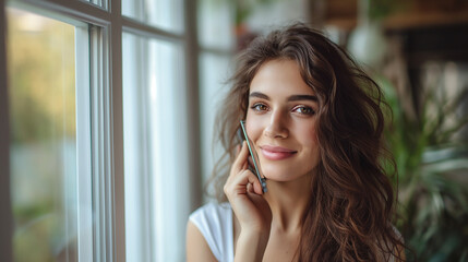 Luminous Lady Engrossed in Conversations: A Radiant Woman Leaning Against a Sunlit Window and Talking on a Modern Cell Phone