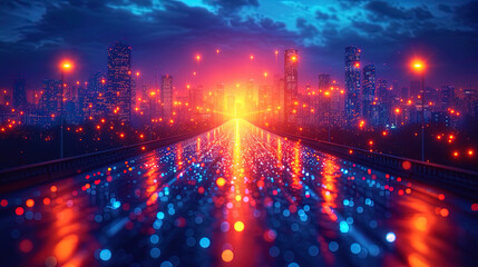 Naklejka premium Abstract composition of luminous lines on a night city backgroun