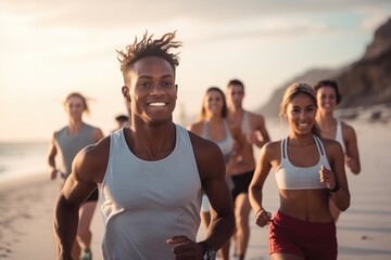 Diverse group of people jogging together at coastline beach of ocean, tropical climate summertime, healthy habit for adult, running club workout in morning, wear sportswear for sportsman. Sunset rays - obrazy, fototapety, plakaty
