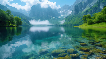 A photograph of a crystal pure lake with a reflection of the mountains in his calm wate - obrazy, fototapety, plakaty