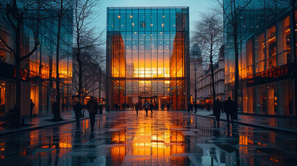 A photograph of a glass building reflecting the surrounding urban landscap - obrazy, fototapety, plakaty