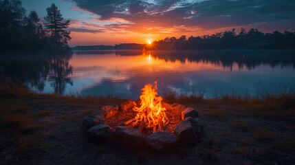 A photo of a burning fire on the lake at n - obrazy, fototapety, plakaty