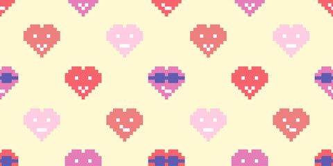 Seamless pattern with different colorful hearts emoticon in pixel art style, on yellow, vector