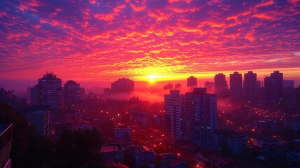 Fototapeta premium Photography of the sunset sky over the city, painted in orange and pink shad